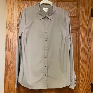 J. Crew Haberdashery stretch slim fit dress shirt, color is a warm gray/taupe